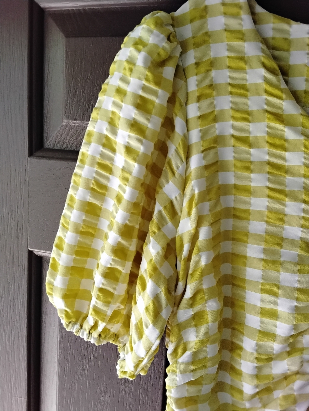 Skies Are Blue Yellow Gingham V-Neck Ruched Mini Dress Small Nwt - Picture 4 of 6
